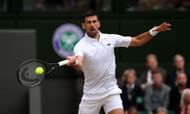 Novak Djokovic hits a forehand during the semifinals at Wimbledon